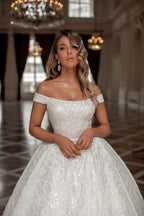 Vestidos de novia de diseño de princesa, largos, blancos, con hombros descubiertos y purpurina, corte A