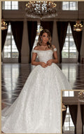 Vestidos de novia de diseño de princesa, largos, blancos, con hombros descubiertos y purpurina, corte A