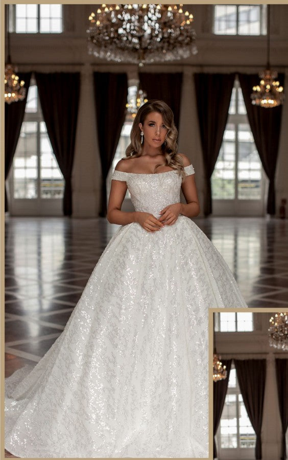 Vestidos de novia de diseño de princesa, largos, blancos, con hombros descubiertos y purpurina, corte A