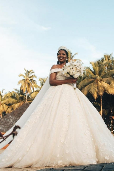 Vestidos de novia de diseño estilo princesa, corte A, hombros descubiertos y encaje