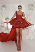 Vestidos de cóctel de diseñador con tirantes de encaje rojo, vestidos de fiesta cortos sin mangas con purpurina
