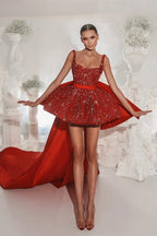 Vestidos de cóctel de diseñador con tirantes de encaje rojo, vestidos de fiesta cortos sin mangas con purpurina