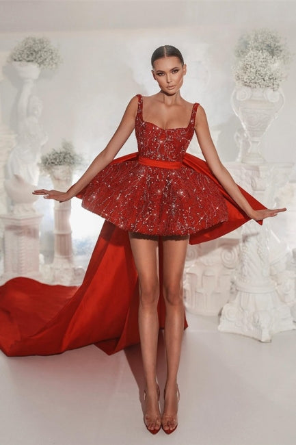 Vestidos de cóctel de diseñador con tirantes de encaje rojo, vestidos de fiesta cortos sin mangas con purpurina