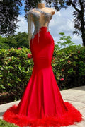 Vestido de fiesta de sirena de satén con un solo hombro, asimétrico, con borlas de rubí y volantes