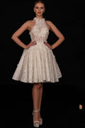 Vestido de novia corto de diseñador, corte A, encaje, cuentas, lentejuelas, sin mangas