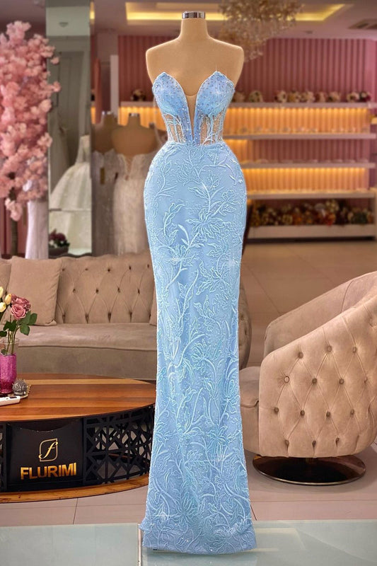 Vestido de fiesta de sirena sin mangas con escote en V en azul cielo de diseñador con encaje