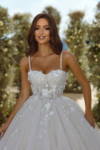 Vestido de novia largo de diseño con tirantes finos, corte A, sin mangas, apliques y encaje