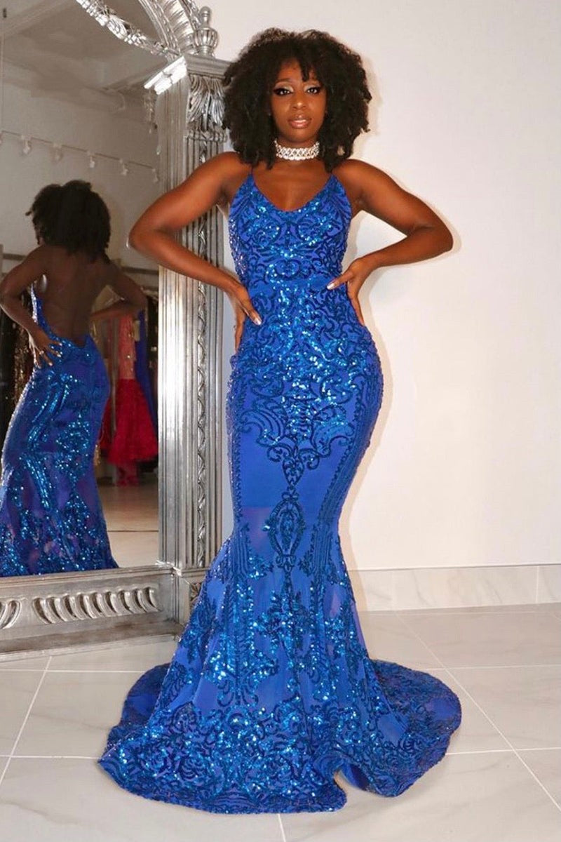 Vestido de fiesta largo de sirena con tirantes finos y encaje sin mangas de diseñador