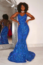 Vestido de fiesta largo de sirena con tirantes finos y encaje sin mangas de diseñador