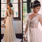 Vestido de novia de diseñador con cola larga, escote en V, encaje y espalda descubierta