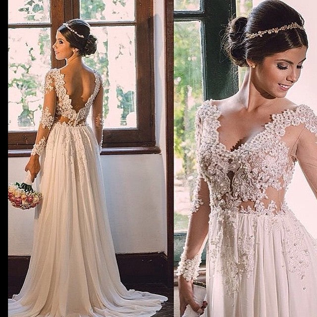 Vestido de novia de diseñador con cola larga, escote en V, encaje y espalda descubierta