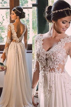 Vestido de novia de diseñador con cola larga, escote en V, encaje y espalda descubierta