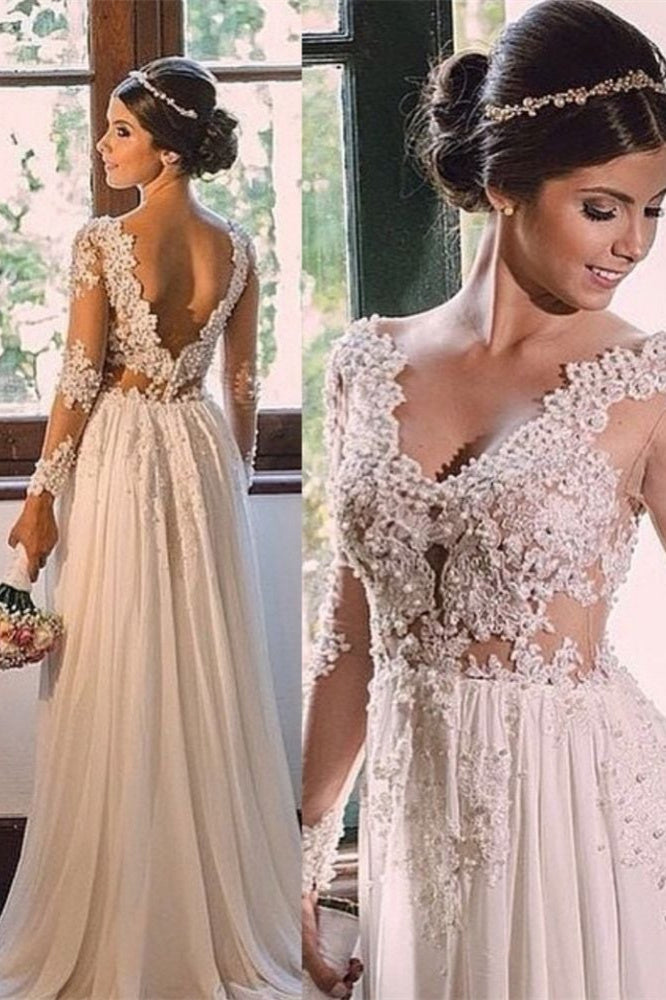 Vestido de novia de diseñador con cola larga, escote en V, encaje y espalda descubierta