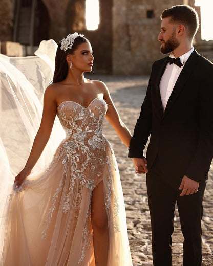 Designer Sweetheart Long A-line Glitter Lace Wedding Dress With Slit