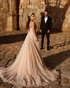 Designer Sweetheart Long A-line Glitter Lace Wedding Dress With Slit