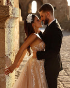 Designer Sweetheart Long A-line Glitter Lace Wedding Dress With Slit