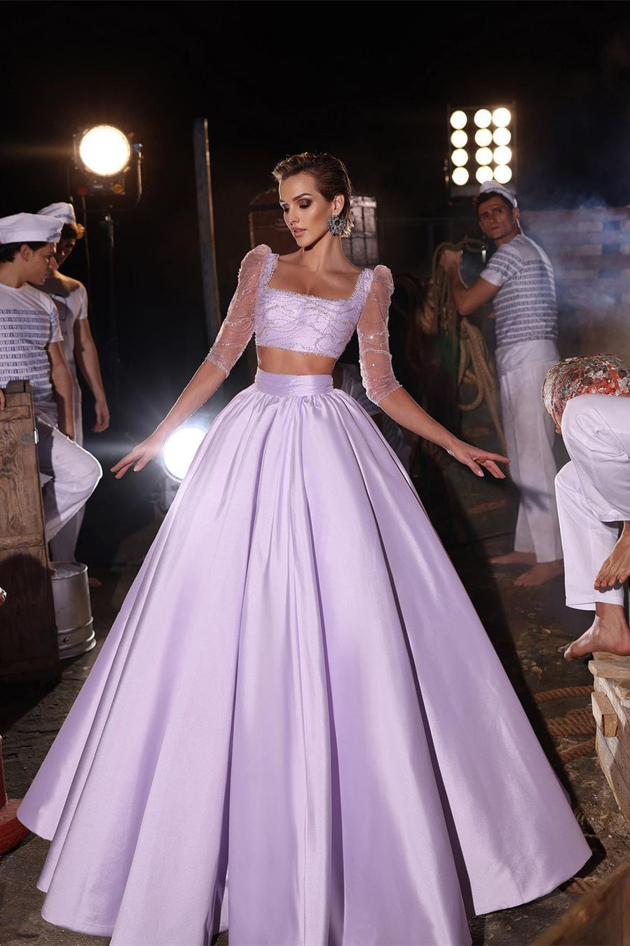Vestido de fiesta de diseñador de dos piezas, corte A, mangas 3/4 y cuentas