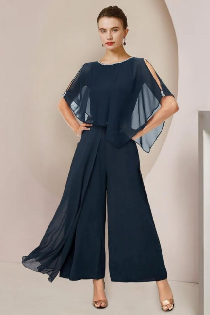 Designer Zweiteiler Anzug für die Brautmutter Chiffon U-Ausschnitt Flügelärmel Brautjungfernkleider mit Rüschen
