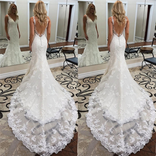 Vestido de novia de diseño sirena | Vestidos de novia de encaje con espalda descubierta