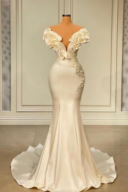 Vestidos de noche largos blancos con volantes de perla de diseñador