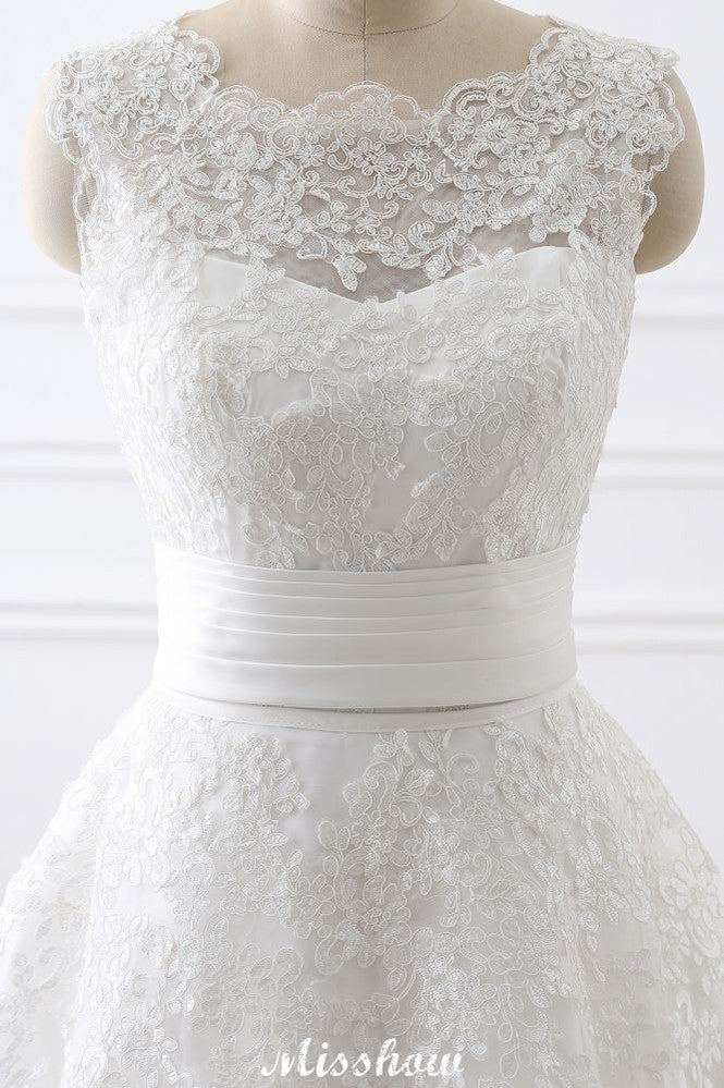 Vestidos de novia de encaje con escote redondo y falda desmontable