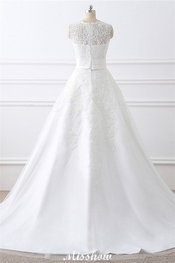 Vestidos de novia de encaje con escote redondo y falda desmontable