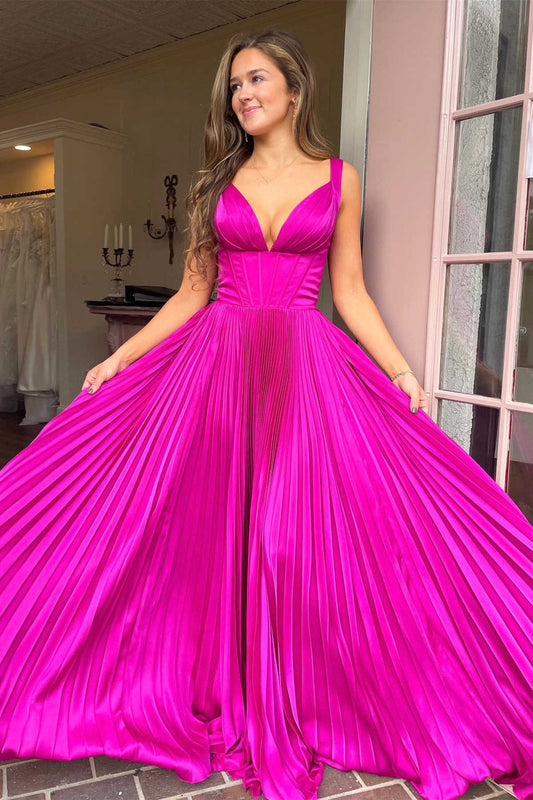 Luella | A-Linie V-Ausschnitt Fuchsia Plissee Langes Ballkleid
