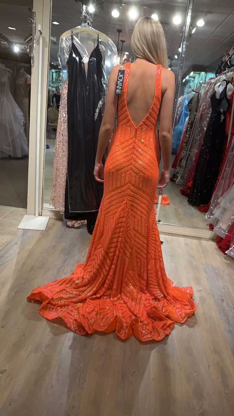 Vestidos de fiesta largos con lentejuelas, escote en V y sirena, sexys y brillantes, vestidos de noche naranjas Y1397