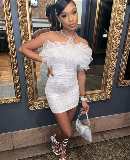 White Short Homecoming Dress With Ruffles Party Dress Y1544