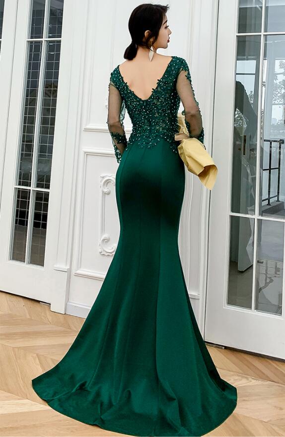 Vestido de noche largo de sirena verde oscuro con cuentas y encaje Y1433