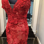 Rotes handgemachtes Abendkleid mit Spitzenapplikationen, Meerjungfrau/Trompete, V-Ausschnitt, rotes Abendkleid Y1402