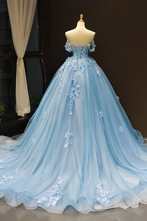 Vestido de fiesta elegante con apliques de encaje azul y hombros descubiertos Y1578