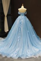 Vestido de fiesta elegante con apliques de encaje azul y hombros descubiertos Y1578
