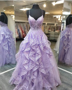 Vestidos de fiesta lilas con tirantes finos y escote transparente Y1513