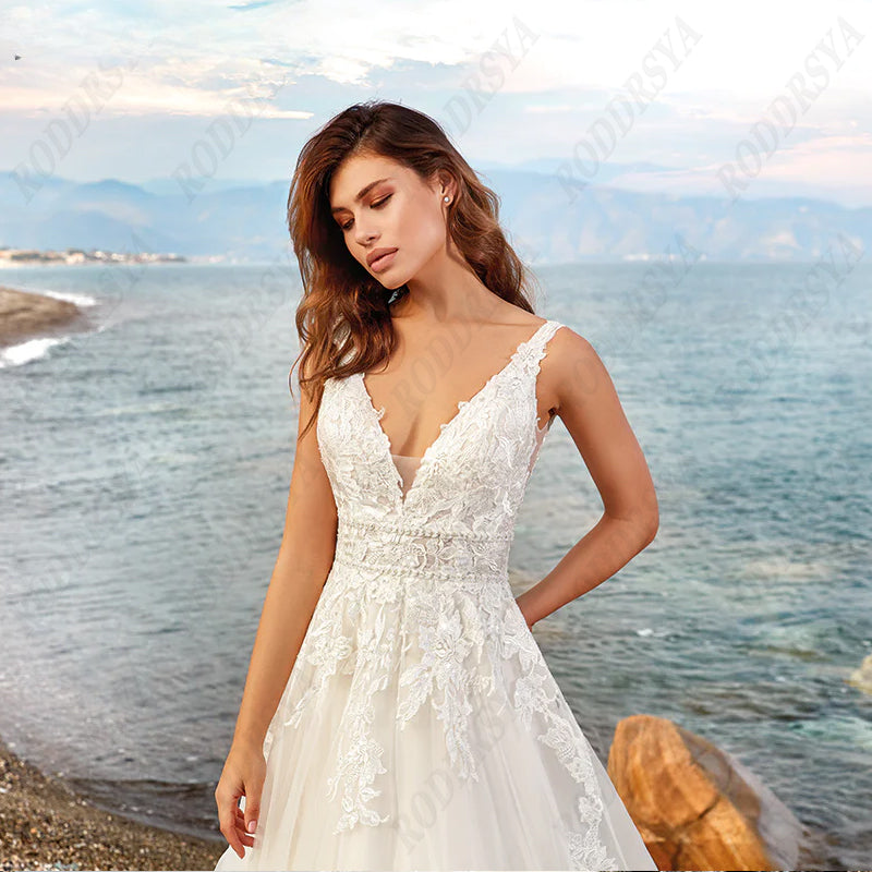 Elegant A-line Wedding Dress For Women Dreamy V-Neck Backless Bride Party Vintage Tulle Vestido De Noiva Minimalistas-payinti