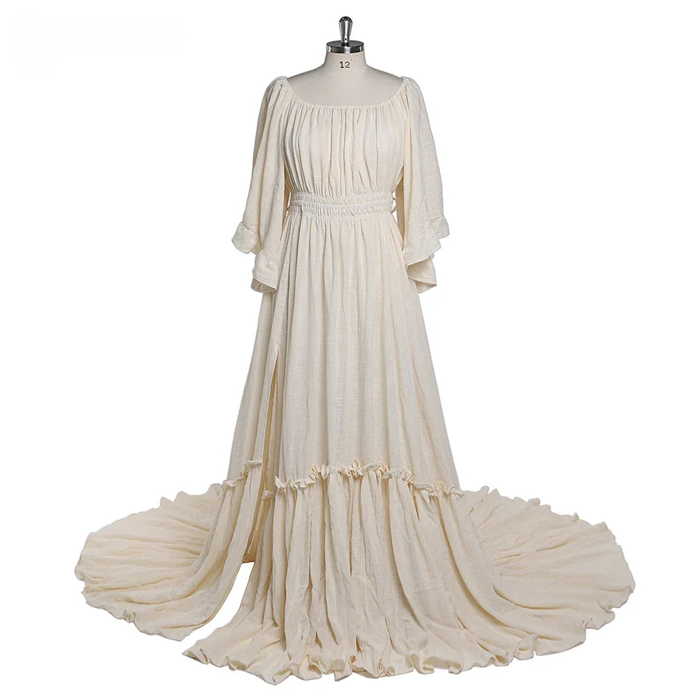 Elegantes vestidos de maternidad con hombros descubiertos, mangas largas y aberturas laterales para sesiones de fotos, accesorios de fotografía para baby shower SY211029 