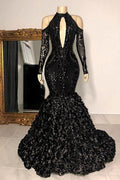 Vestido de fiesta de sirena con escote halter, manga larga, encaje transparente, cuentas y largo hasta el suelo, color negro