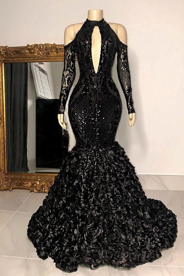 Vestido de fiesta de sirena con escote halter, manga larga, encaje transparente, cuentas y largo hasta el suelo, color negro