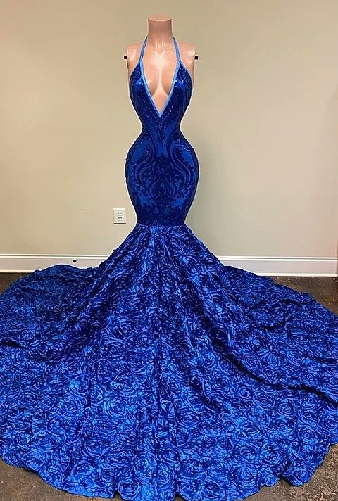 Vestido de fiesta de sirena azul con escote en V, lentejuelas, abertura frontal, sin mangas y largo hasta el suelo