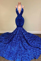 Vestido de fiesta de sirena azul con escote en V, lentejuelas, abertura frontal, sin mangas y largo hasta el suelo