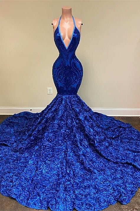 Vestido de fiesta de sirena azul con escote en V, lentejuelas, abertura frontal, sin mangas y largo hasta el suelo