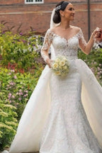 Vestidos de novia de sirena con apliques de corazón y cola, de encaje y manga larga