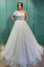 Vestidos de novia con un hombro descubierto, largos y elegantes de encaje transparente