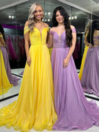 Dorita | Vestidos de fiesta largos de gasa con hombros descubiertos y corte en A