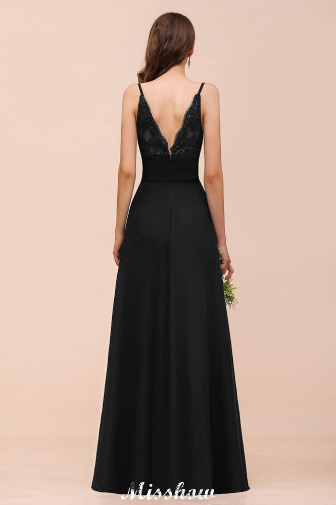 Vestido de dama de honor con escote en V doble y abertura frontal, vestido formal de fiesta para boda, negro