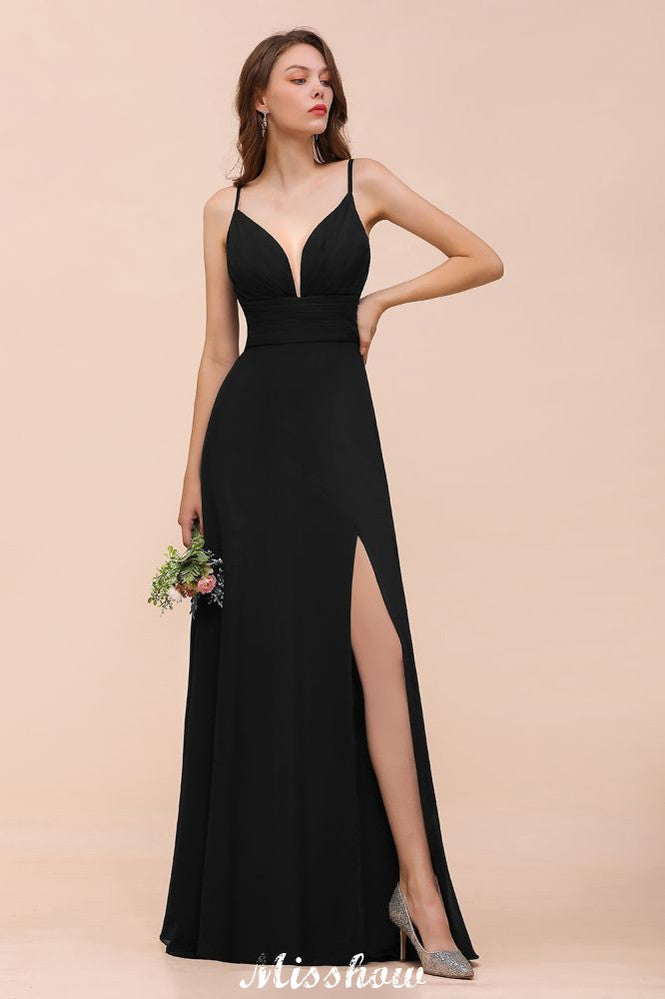 Vestido de dama de honor con escote en V doble y abertura frontal, vestido formal de fiesta para boda, negro