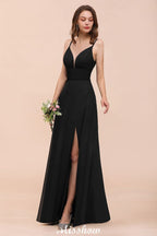 Vestido de dama de honor con escote en V doble y abertura frontal, vestido formal de fiesta para boda, negro