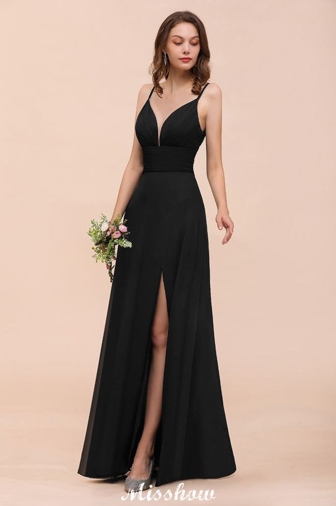Vestido de dama de honor con escote en V doble y abertura frontal, vestido formal de fiesta para boda, negro