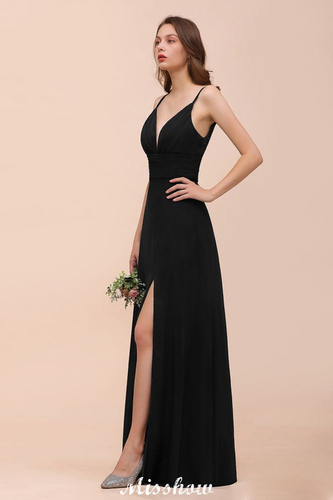 Vestido de dama de honor con escote en V doble y abertura frontal, vestido formal de fiesta para boda, negro