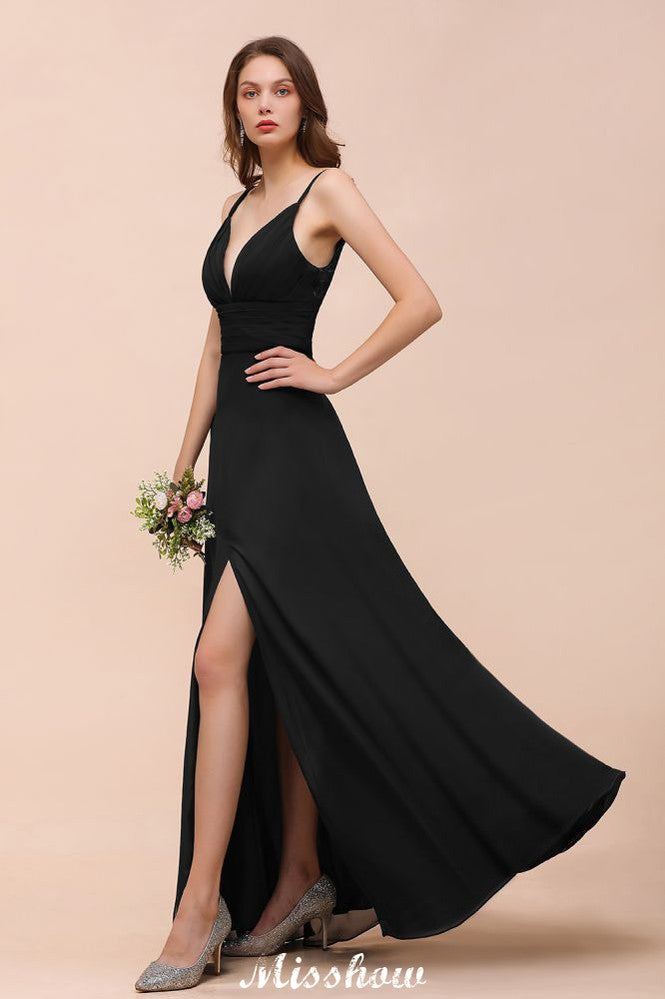 Vestido de dama de honor con escote en V doble y abertura frontal, vestido formal de fiesta para boda, negro